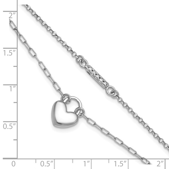 Sterling Silver Rhodium-plated CZ Puffed Heart 7 inch with 1 inch extender 2-strand Bracelet