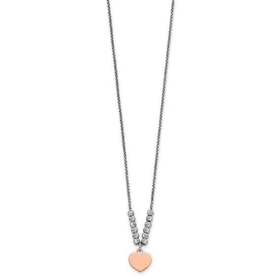 Sterling Silver Rhodium-plated Rose Gold-plated Heart Disc and Textured Beads 16 inch with 1 inch extension Necklace