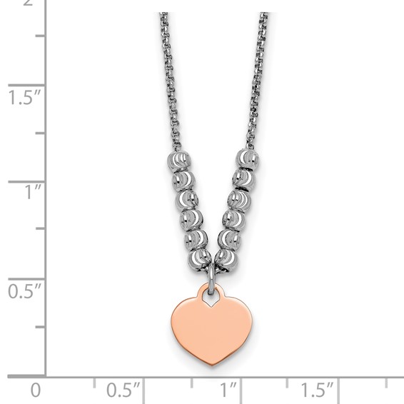 Sterling Silver Rhodium-plated Rose Gold-plated Heart Disc and Textured Beads 16 inch with 1 inch extension Necklace