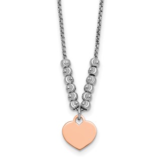Sterling Silver Rhodium-plated Rose Gold-plated Heart Disc and Textured Beads 16 inch with 1 inch extension Necklace