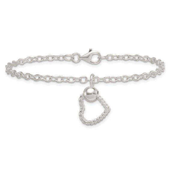 Sterling Silver Polished and Twisted Heart Dangle 7.5 Inch Cable Chain Bracelet