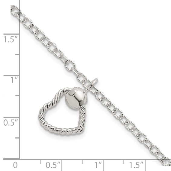Sterling Silver Polished and Twisted Heart Dangle 7.5 Inch Cable Chain Bracelet
