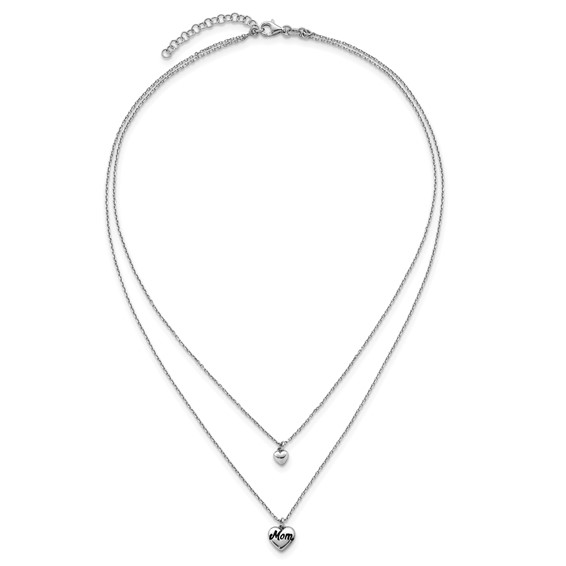 Sterling Silver Rhodium-plated Two-Strand Black Enameled MOM Puffed Heart and Small Heart 16 inch with 1 inch extension Necklace