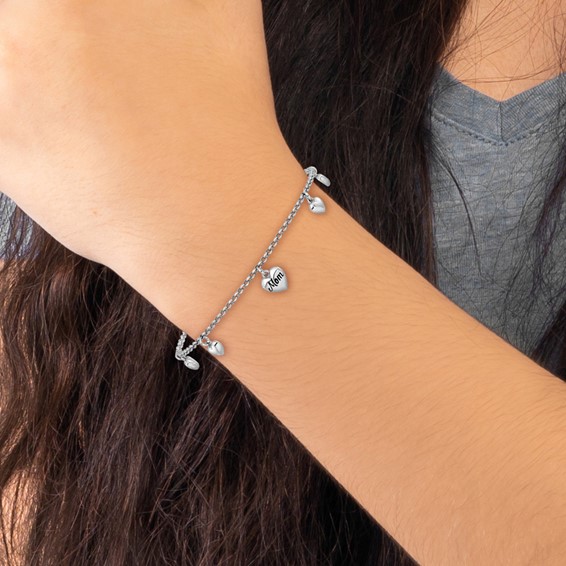 Sterling Silver Rhodium-plated Black Enameled MOM Puffed Heart with Heart Charms 6.5 inch with 0.75 inch extension Bracelet