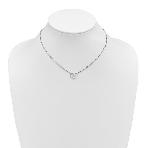 Sterling Silver Rhodium-plated Mother of Pearl Heart 16 inch with 1 inch extension Station Necklace