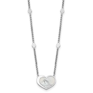 Sterling Silver Rhodium-plated Mother of Pearl Heart 16 inch with 1 inch extension Station Necklace
