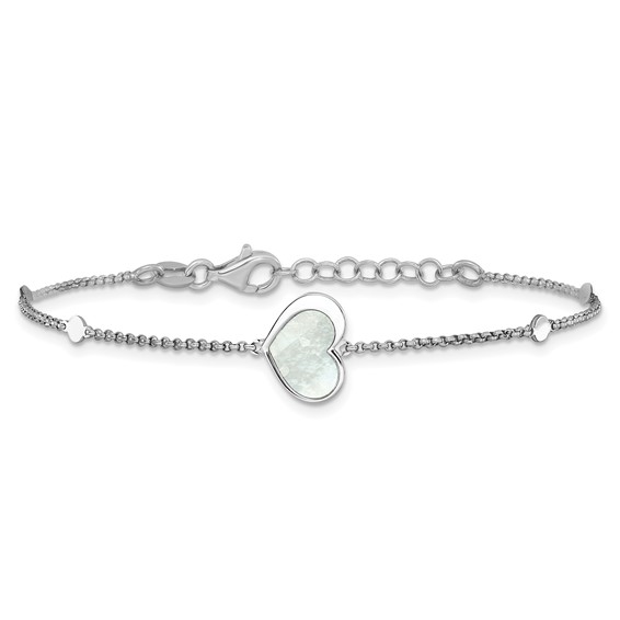Sterling Silver Rhodium-plated Mother of Pearl Heart 6.5 inch with 1 inch extension Bracelet