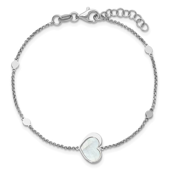 Sterling Silver Rhodium-plated Mother of Pearl Heart 6.5 inch with 1 inch extension Bracelet