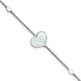 Sterling Silver Rhodium-plated Mother of Pearl Heart 6.5 inch with 1 inch extension Bracelet