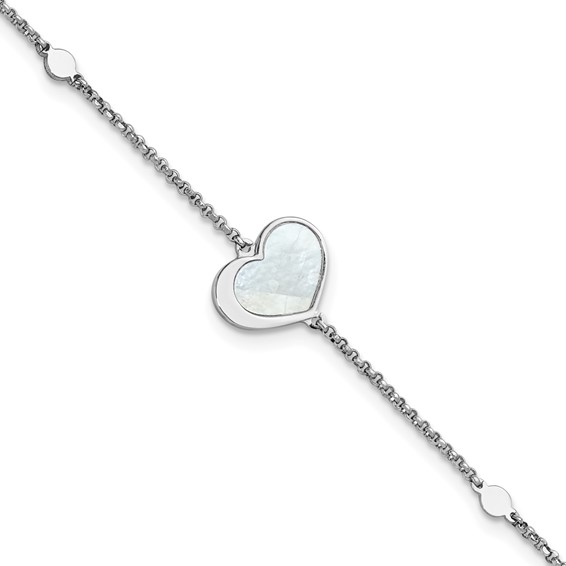 Sterling Silver Rhodium-plated Mother of Pearl Heart 6.5 inch with 1 inch extension Bracelet
