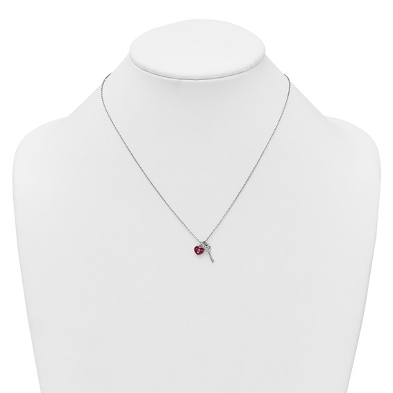Sterling Silver Rhodium-plated Red Enameled Heart Lock and Key 16 inch with 1 inch extension Necklace