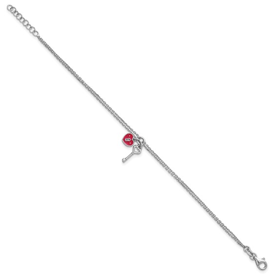 Sterling Silver Rhodium-plated Two-strand Red Enameled Heart Lock and Key 6.75 inch with 0.75 inch extension Bracelet
