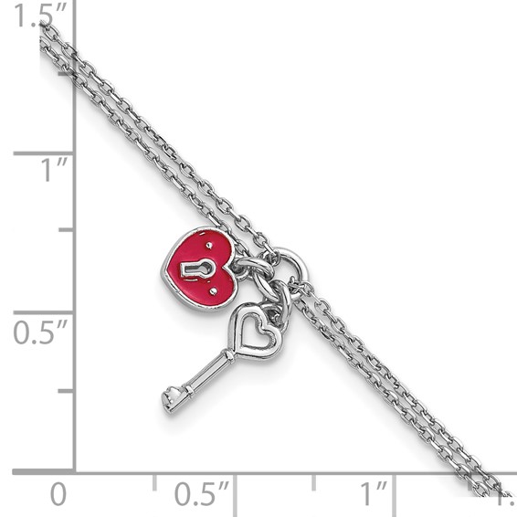 Sterling Silver Rhodium-plated Two-strand Red Enameled Heart Lock and Key 6.75 inch with 0.75 inch extension Bracelet