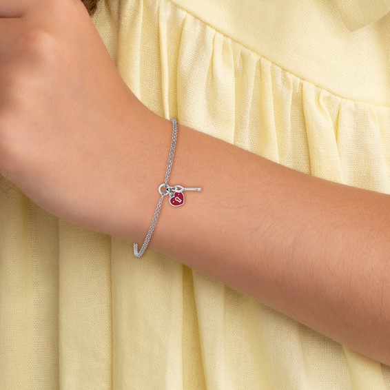 Sterling Silver Rhodium-plated Two-strand Red Enameled Heart Lock and Key 6.75 inch with 0.75 inch extension Bracelet