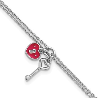 Sterling Silver Rhodium-plated Two-strand Red Enameled Heart Lock and Key 6.75 inch with 0.75 inch extension Bracelet