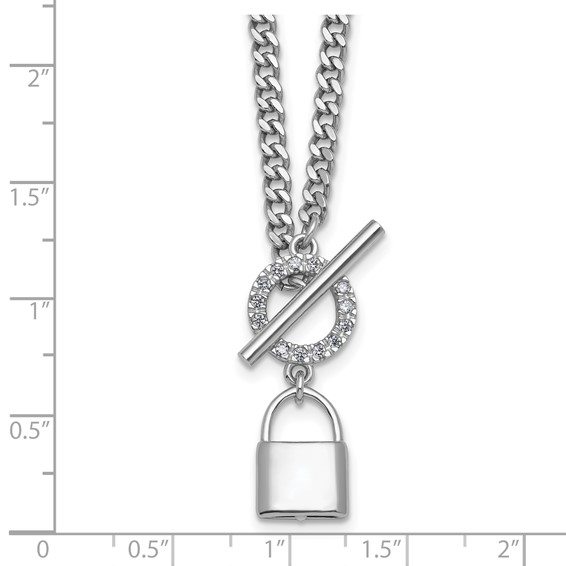 Sterling Silver Rhodium-plated CZ 16 inch with 2 inch extender Lock Pendant Toggle Necklace
