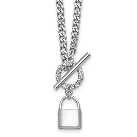 Sterling Silver Rhodium-plated CZ 16 inch with 2 inch extender Lock Pendant Toggle Necklace