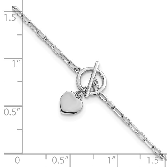Sterling Silver Rhodium-plated Polished Heart Dangle Paperclip Link 6.5 Inch with 1 Inch Extension Bracelet