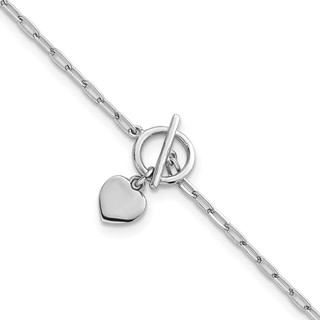 Sterling Silver Rhodium-plated Polished Heart Dangle Paperclip Link 6.5 Inch with 1 Inch Extension Bracelet