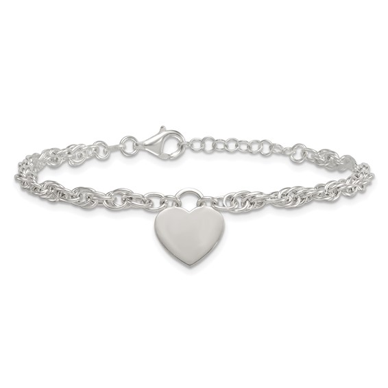 Sterling Silver Polished Fancy Engravable Heart Disc on Rope Chain 7 Inch with 1 Inch Extension Bracelet