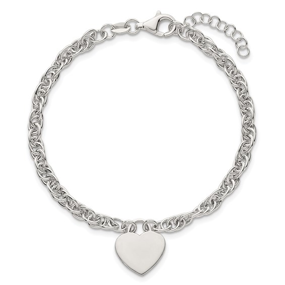 Sterling Silver Polished Fancy Engravable Heart Disc on Rope Chain 7 Inch with 1 Inch Extension Bracelet