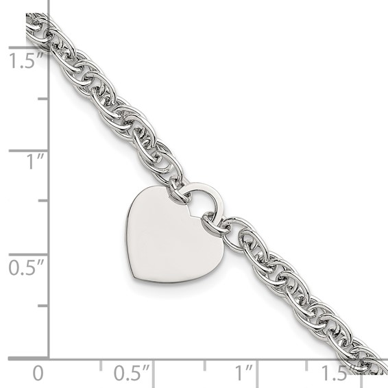 Sterling Silver Polished Fancy Engravable Heart Disc on Rope Chain 7 Inch with 1 Inch Extension Bracelet