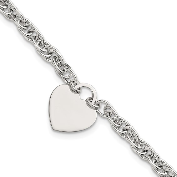 Sterling Silver Polished Fancy Engravable Heart Disc on Rope Chain 7 Inch with 1 Inch Extension Bracelet