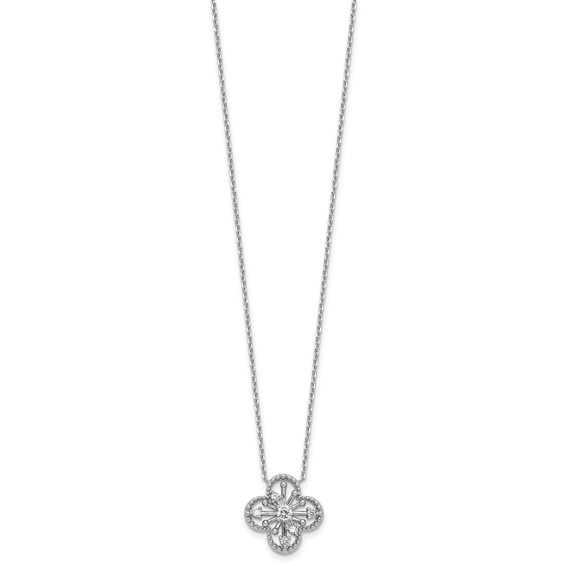 Sterling Silver Rhodium-plated CZ Textured Clover Shape 16 inch with 1.25 inch Extension Necklace