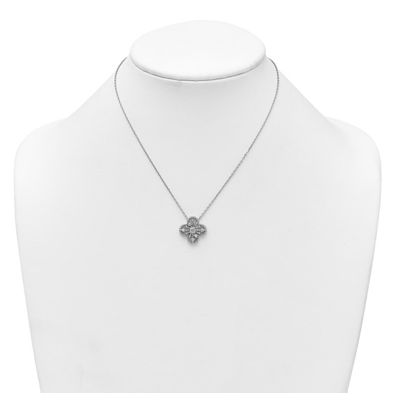 Sterling Silver Rhodium-plated CZ Textured Clover Shape 16 inch with 1.25 inch Extension Necklace