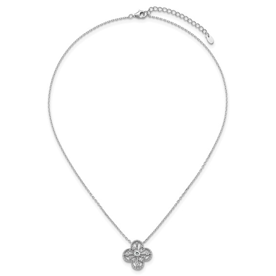 Sterling Silver Rhodium-plated CZ Textured Clover Shape 16 inch with 1.25 inch Extension Necklace
