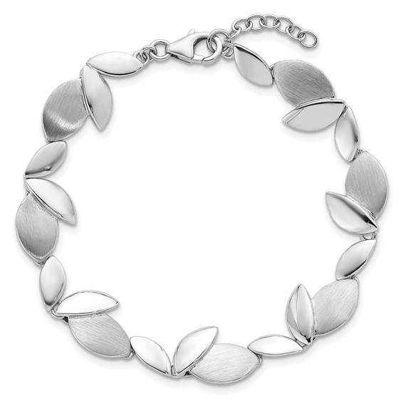 Sterling Silver Rhodium-plated Brushed and Polished Fancy Leaves 7.5 inch with 0.75 inch Extension Bracelet