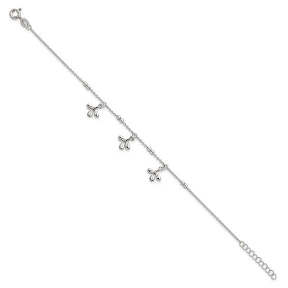 Sterling Silver Polished and Beaded with Three Leaf Dangles 7 inch with 1 inch Extension Bracelet