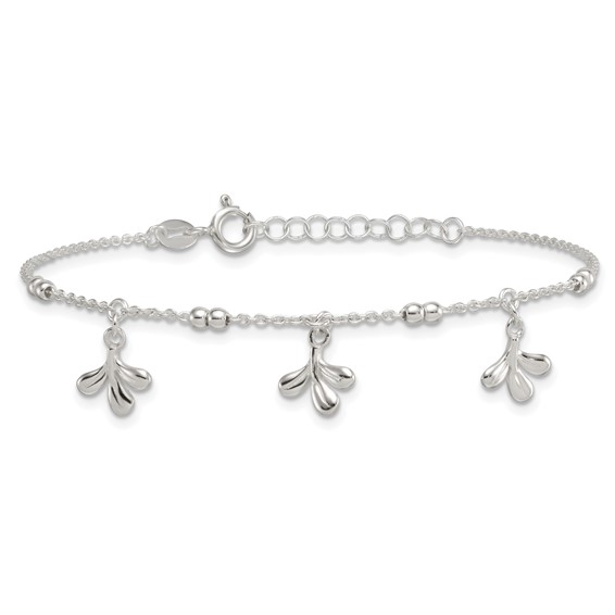 Sterling Silver Polished and Beaded with Three Leaf Dangles 7 inch with 1 inch Extension Bracelet