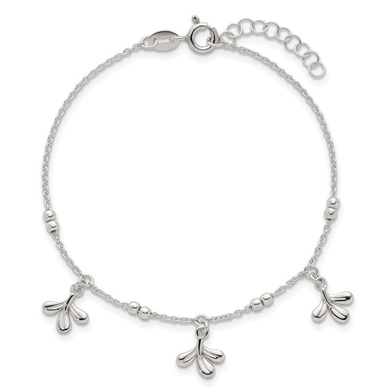 Sterling Silver Polished and Beaded with Three Leaf Dangles 7 inch with 1 inch Extension Bracelet