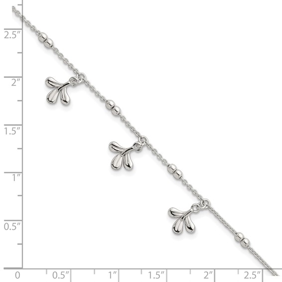 Sterling Silver Polished and Beaded with Three Leaf Dangles 7 inch with 1 inch Extension Bracelet
