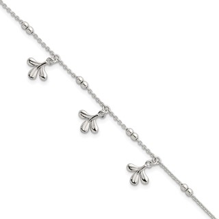 Sterling Silver Polished and Beaded with Three Leaf Dangles 7 inch with 1 inch Extension Bracelet