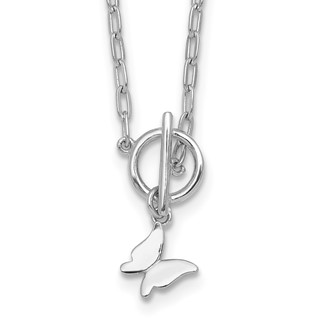 Sterling Silver Rhodium-plated Polished Butterfly Dangle Paperclip Link 16 Inch with 2 Inch Extension Necklace
