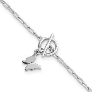 Sterling Silver Rhodium-plated Polished Butterfly Dangle Paperclip Link 6.5 Inch with 1 Inch Extension Bracelet