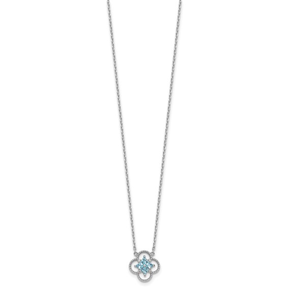 Sterling Silver Rhodium-plated Blue CZ Textured Clover Shape 16 inch with 1.5 inch Extension Necklace