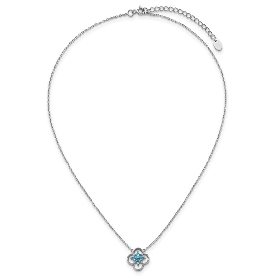 Sterling Silver Rhodium-plated Blue CZ Textured Clover Shape 16 inch with 1.5 inch Extension Necklace