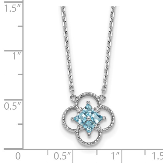 Sterling Silver Rhodium-plated Blue CZ Textured Clover Shape 16 inch with 1.5 inch Extension Necklace