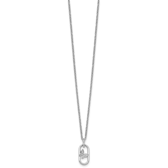 Sterling Silver Rhodium-plated CZ Oval with Butterfly 16 inch with 1.5 inch Extension Necklace
