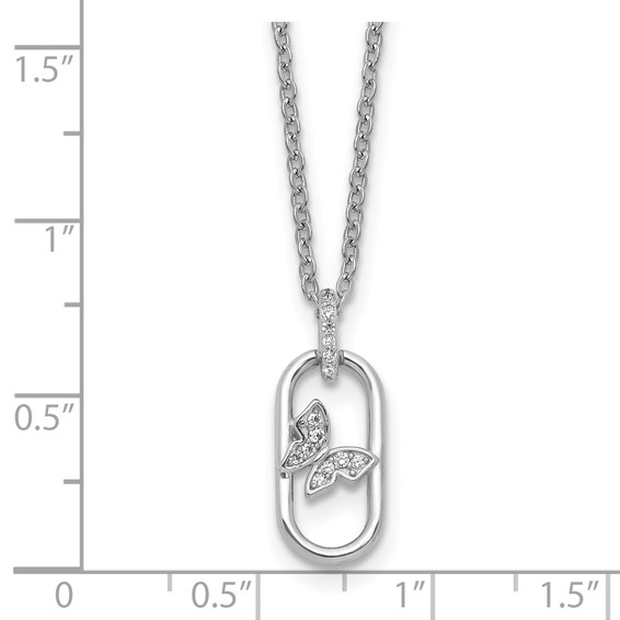 Sterling Silver Rhodium-plated CZ Oval with Butterfly 16 inch with 1.5 inch Extension Necklace
