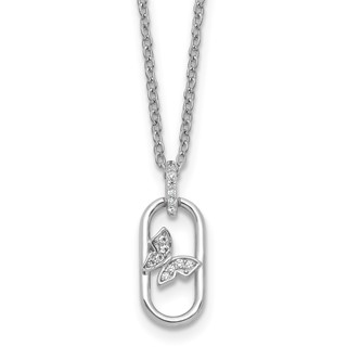 Sterling Silver Rhodium-plated CZ Oval with Butterfly 16 inch with 1.5 inch Extension Necklace