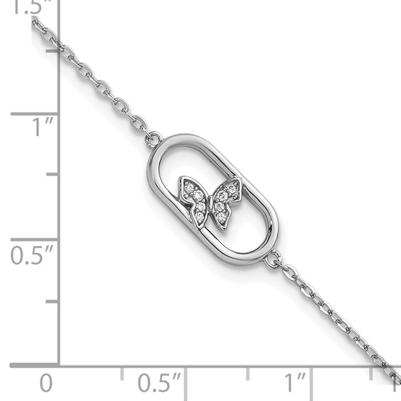 Sterling Silver Rhodium-plated CZ Oval with Butterfly 7 inch with 1 inch Extension Bracelet