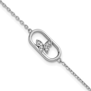 Sterling Silver Rhodium-plated CZ Oval with Butterfly 7 inch with 1 inch Extension Bracelet