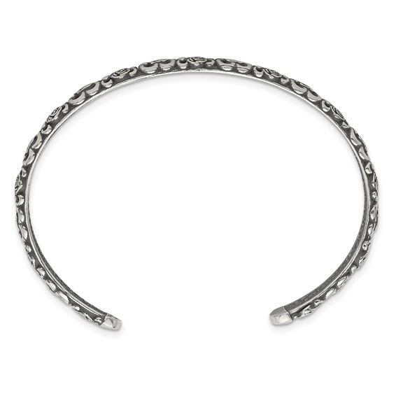 Sterling Silver Antiqued Floral 6.5mm Cuff Bangle Bracelet