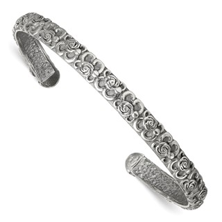 Sterling Silver Antiqued Floral 6.5mm Cuff Bangle Bracelet