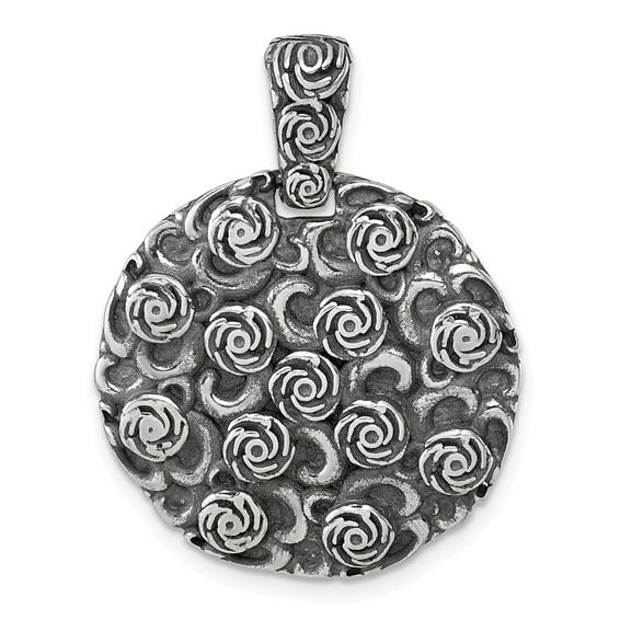 Sterling Silver Antiqued Floral 24mm Round Disc Pendant