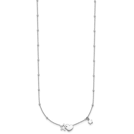 Sterling Silver Rhodium-plated Polished Heart and Stars 16 inch with 2 inch Extender Necklace